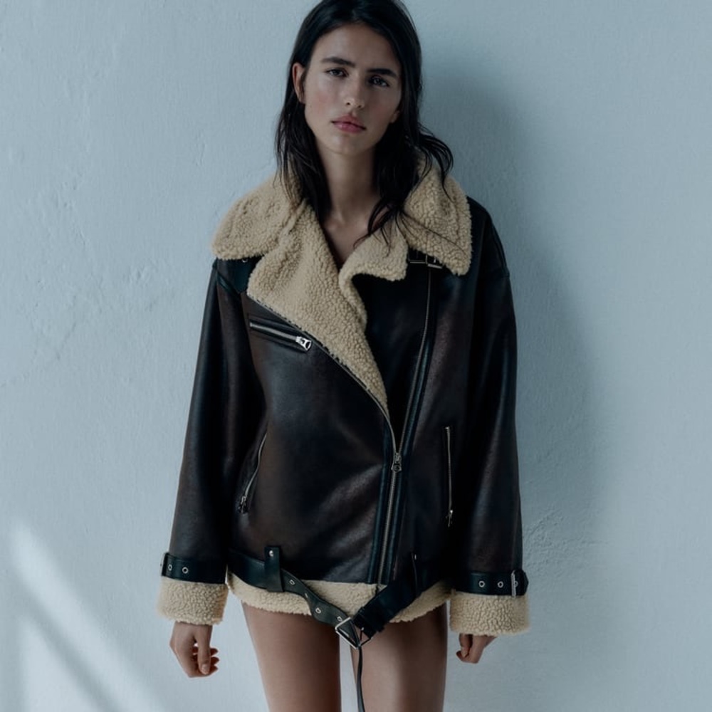 SOLD!!! zara brown leather sherpa jacket